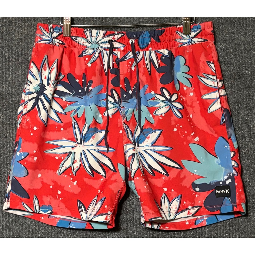 Hurley Mens Medium Swim Trunks Red‎ Floral Tropical Print Drawstring